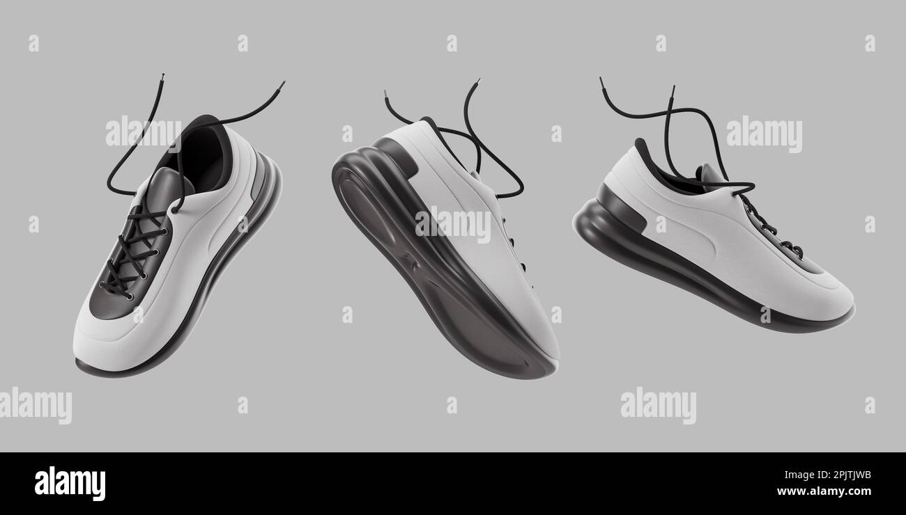 Black and white sneaker from different angles on grey background. Concept of running, fashion and sportswear. 3d rendering, illustration Stock Photo