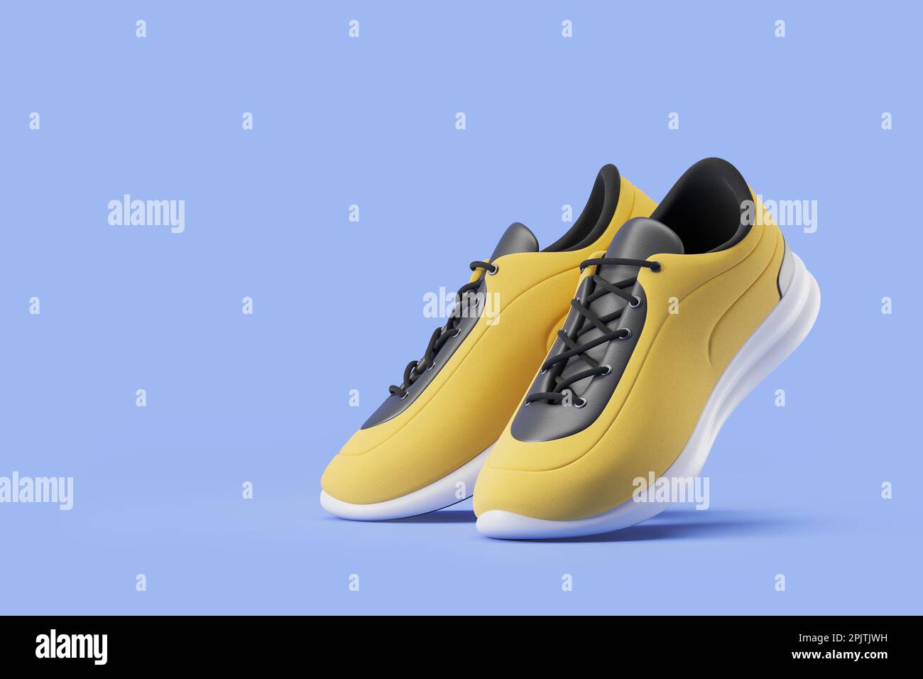 Bright and stylish yellow and black sport shoes with black shoelaces over light blue background. Concept of sport and active lifestyle. 3d rendering, Stock Photo