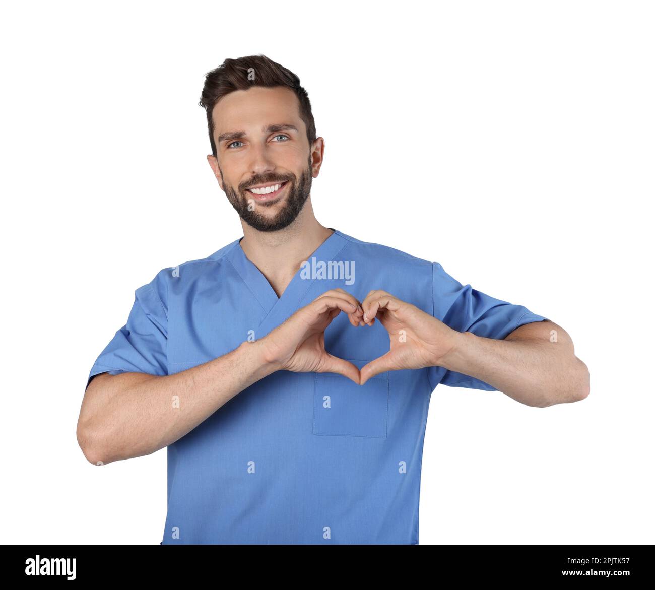 Doctor making heart with hands on white background Stock Photo - Alamy