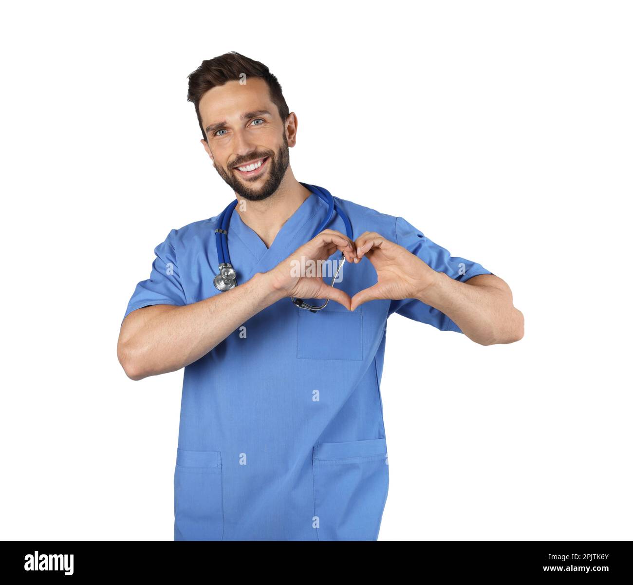 Doctor making heart with hands on white background Stock Photo - Alamy