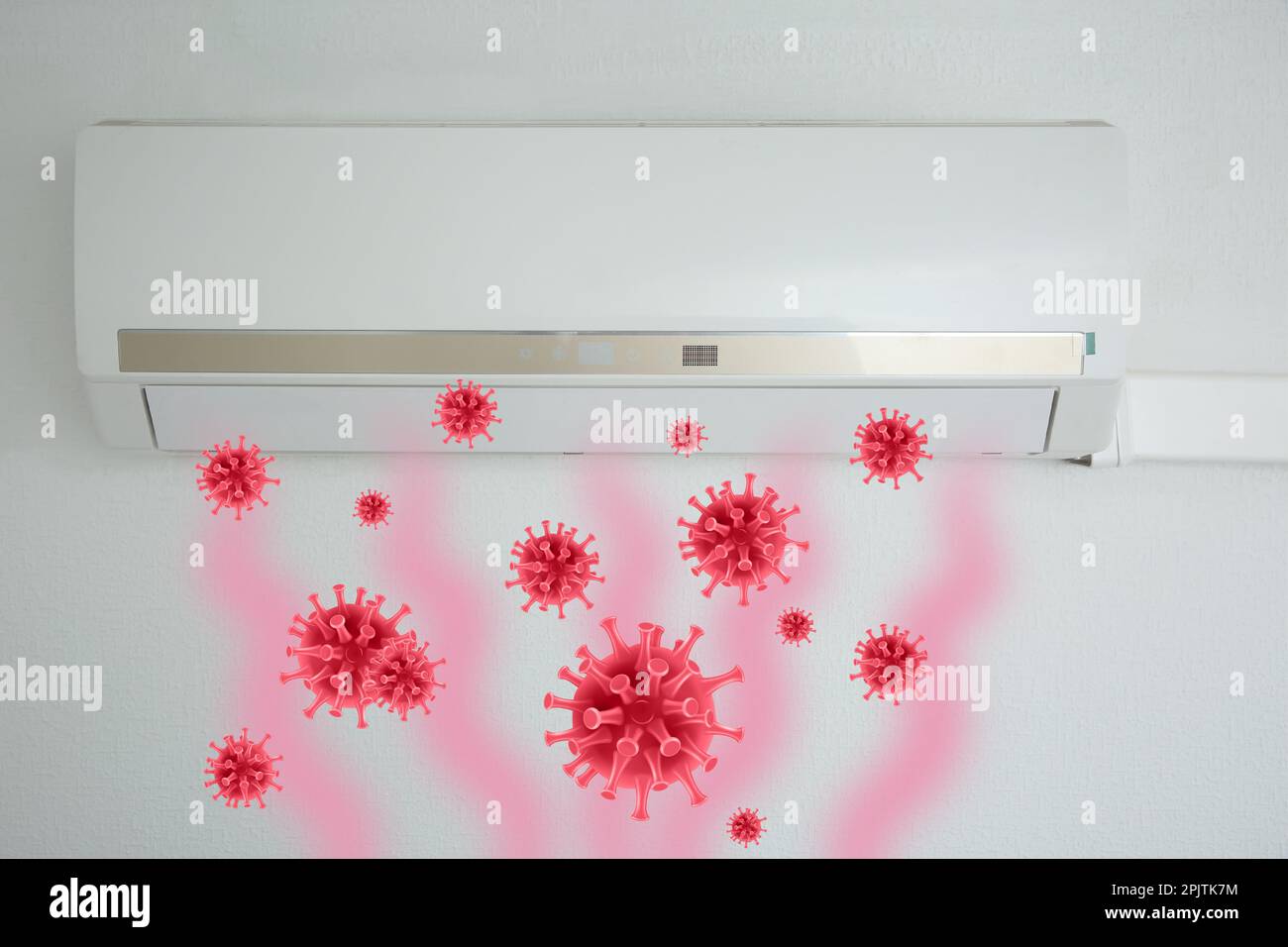 Spreading of viruses. Contaminated air conditioner on white wall