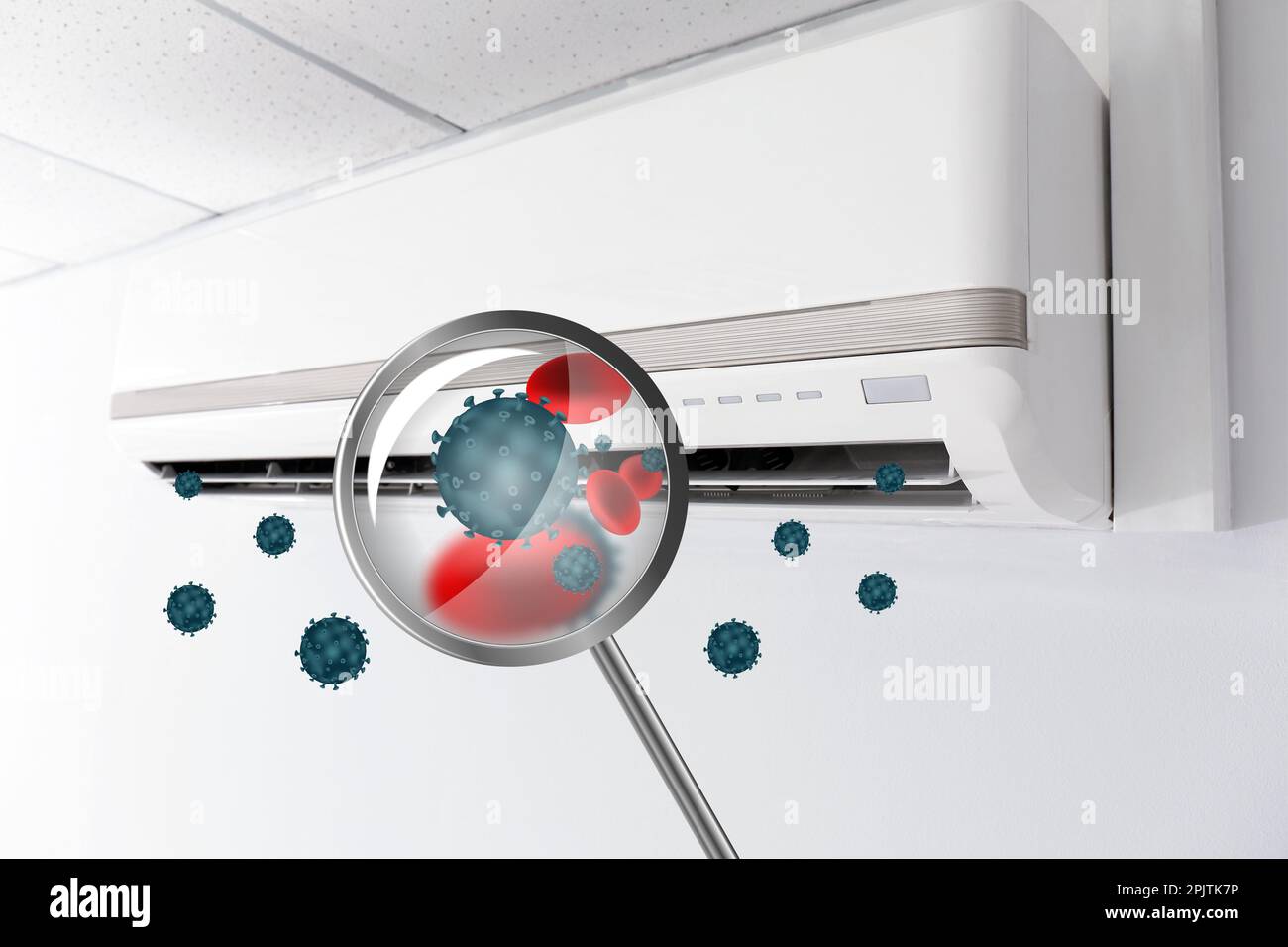 Spreading of viruses. Contaminated air conditioner on white wall