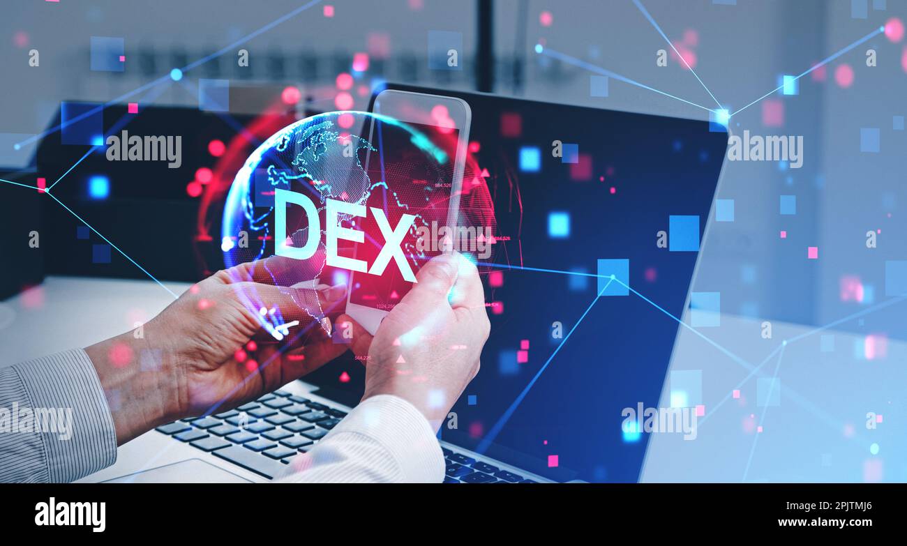 Hands of businessman using smartphone and laptop in blurry office with double exposure of immersive decentralized exchange interface. Concept of crypt Stock Photo