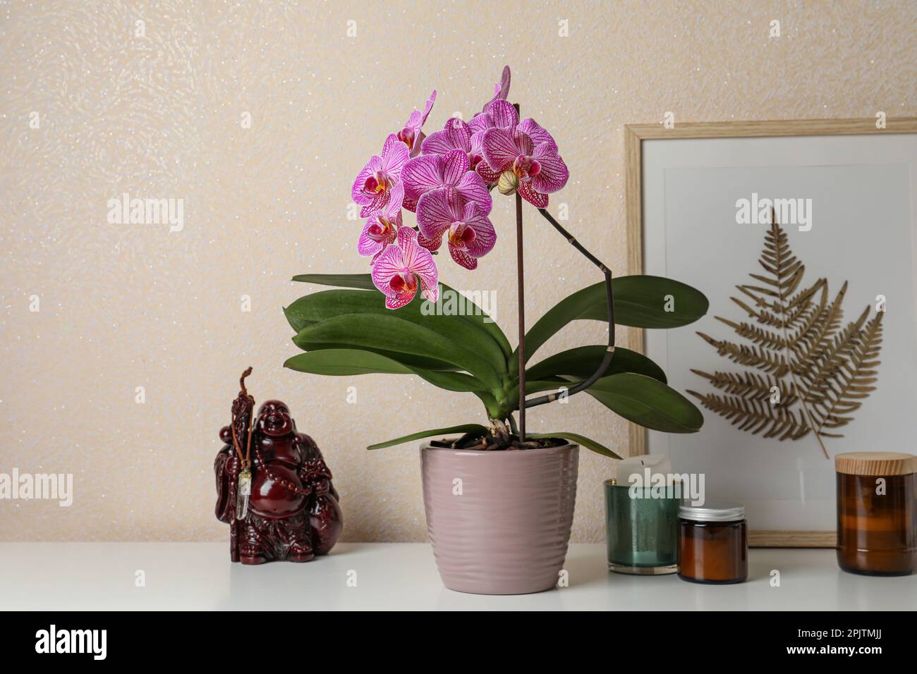 Beautiful pink orchid flower and different decor elements on white table Stock Photo