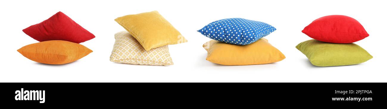 Set with different stylish decorative pillows on white background. Banner design Stock Photo