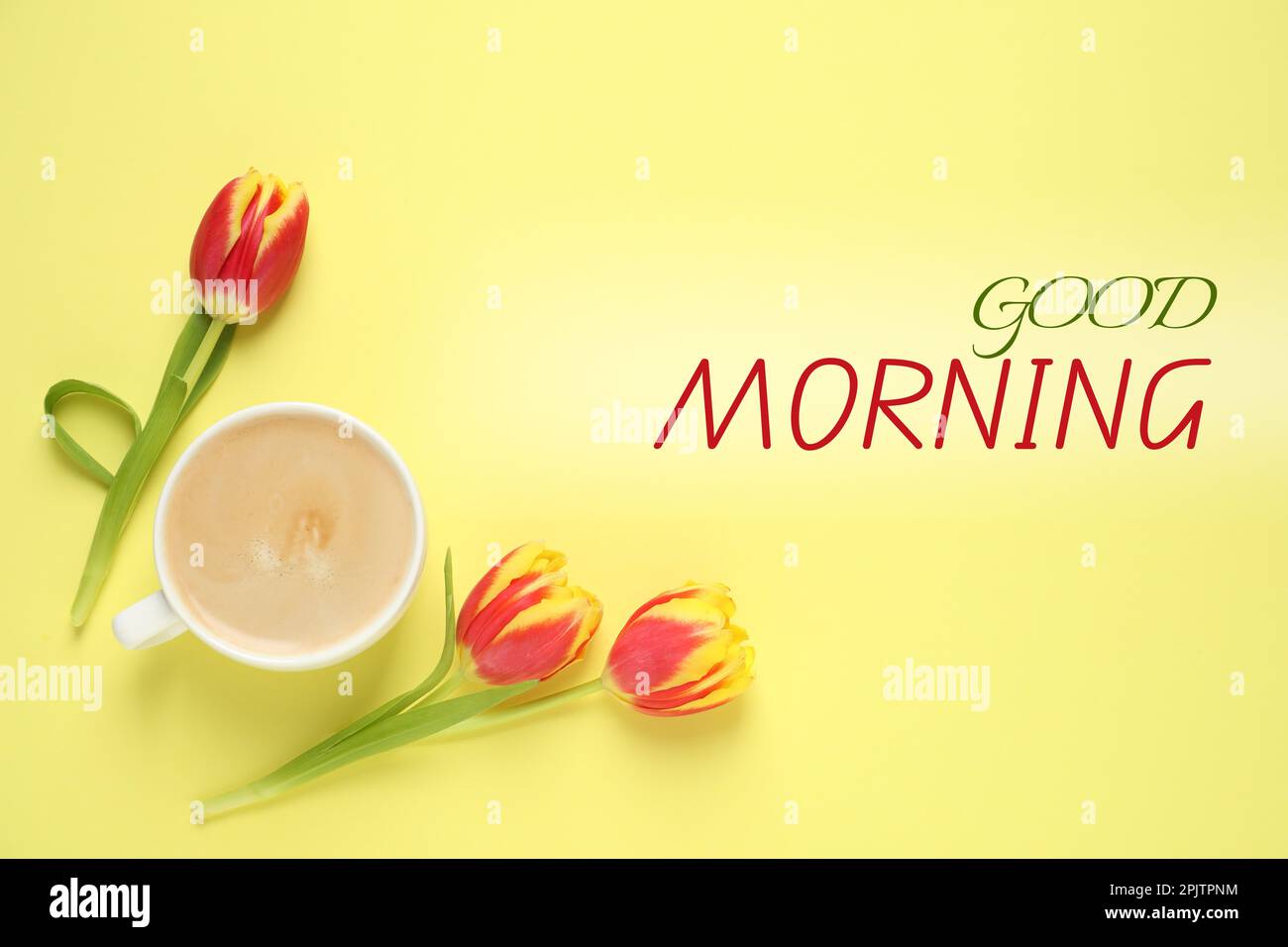 https://c8.alamy.com/comp/2PJTPNM/good-morning!-cup-of-coffee-and-tulips-on-yellow-background-flat-lay-2PJTPNM.jpg