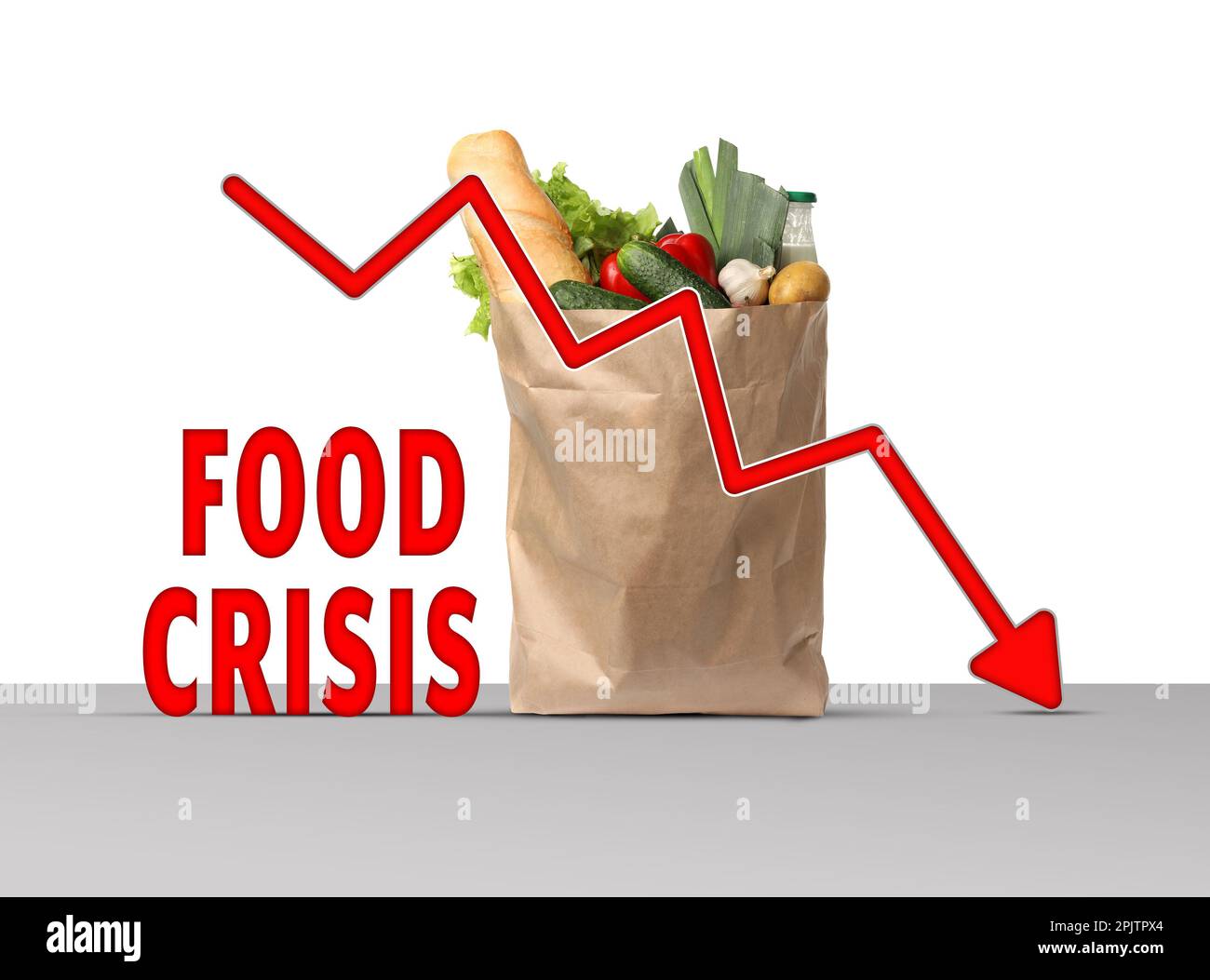 Global food crisis concept. Global food crisis concept. Kraft paper bag with different fruits, vegetables and decline graph on grey table against whit Stock Photo