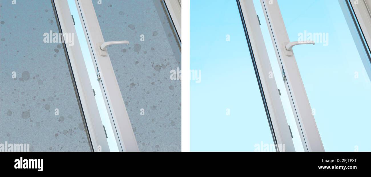 Collage with photos of window before and after cleaning indoors. Banner