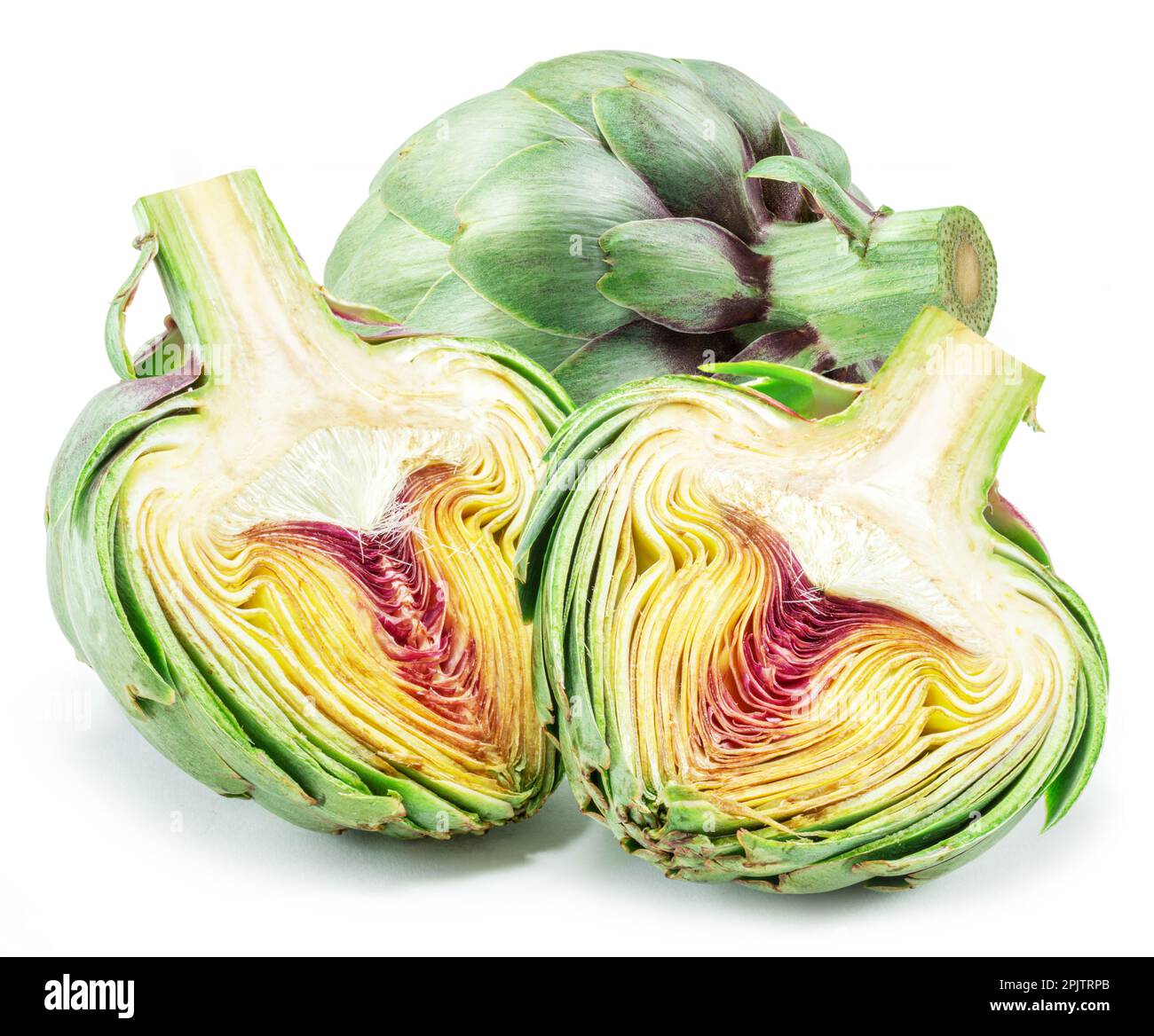 Green artichokes and artichoke heart isolated on white background Stock