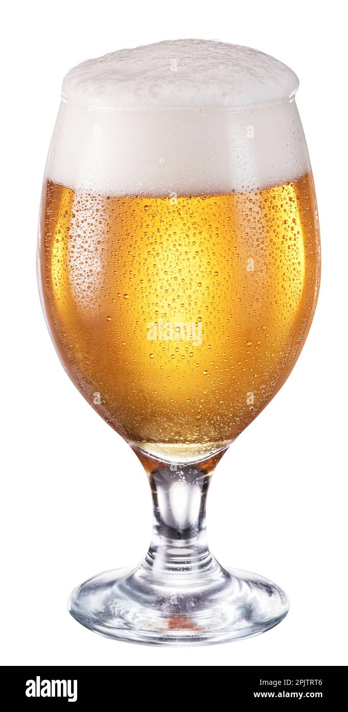 Glass of chilled beer with large head of foam isolated on white