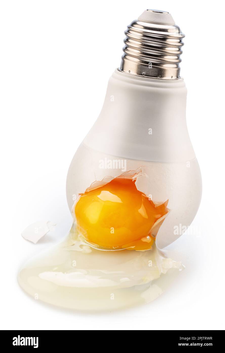 Egg yolk leaking from a light bulb crack conceptual picture Stock