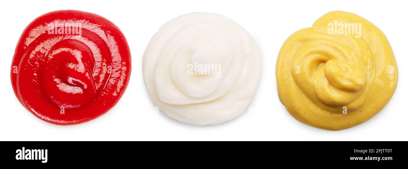 Ketchup, mustard and mayonnaise stains on white background. File