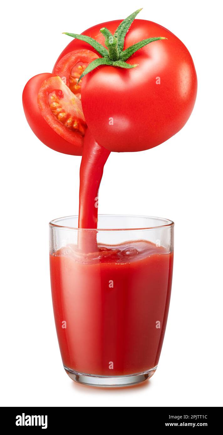 Glass tomato juice and fresh juice pouring from tomato fruit into the