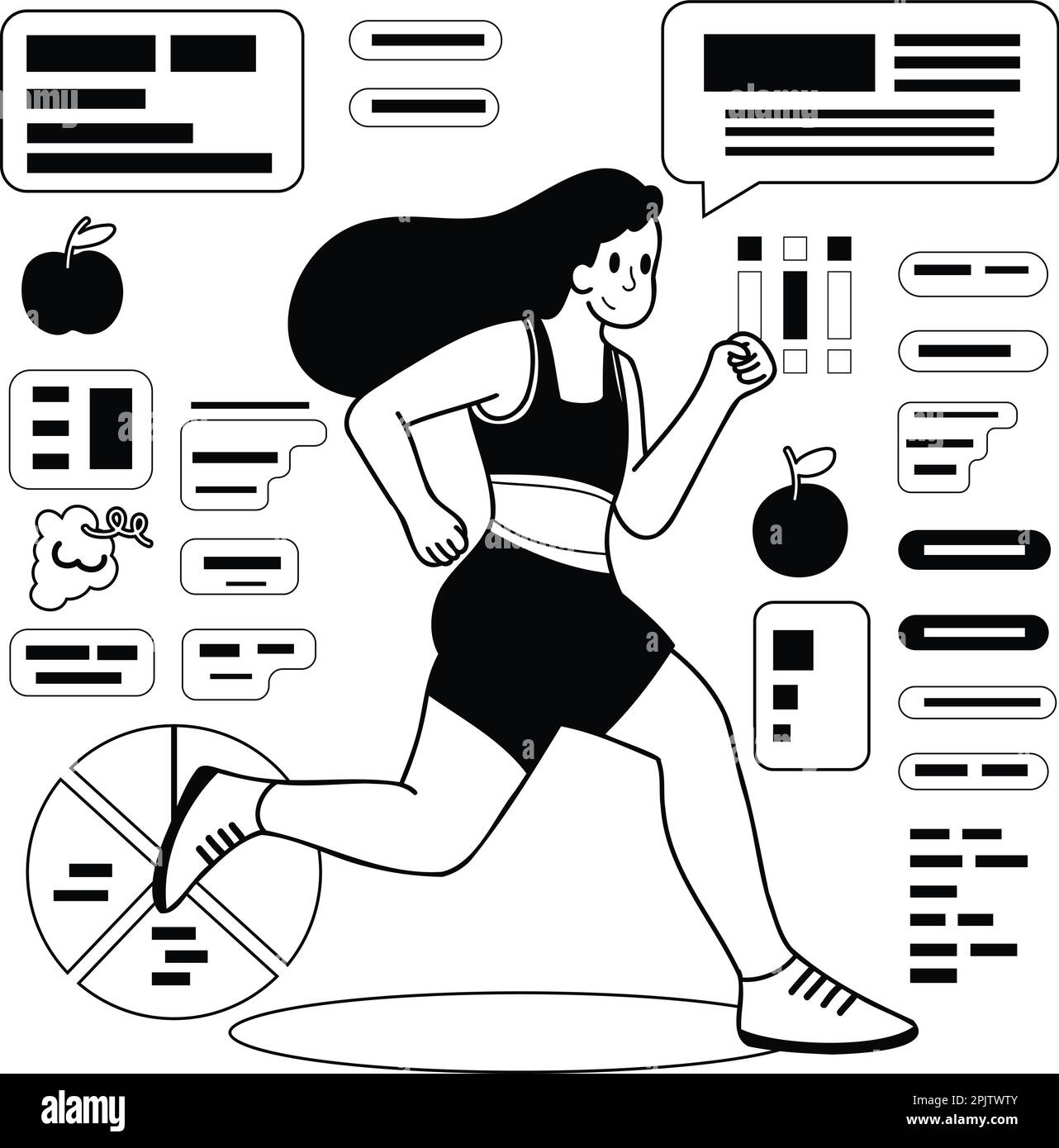 Healthy loving fitness girl running in the gym illustration in doodle