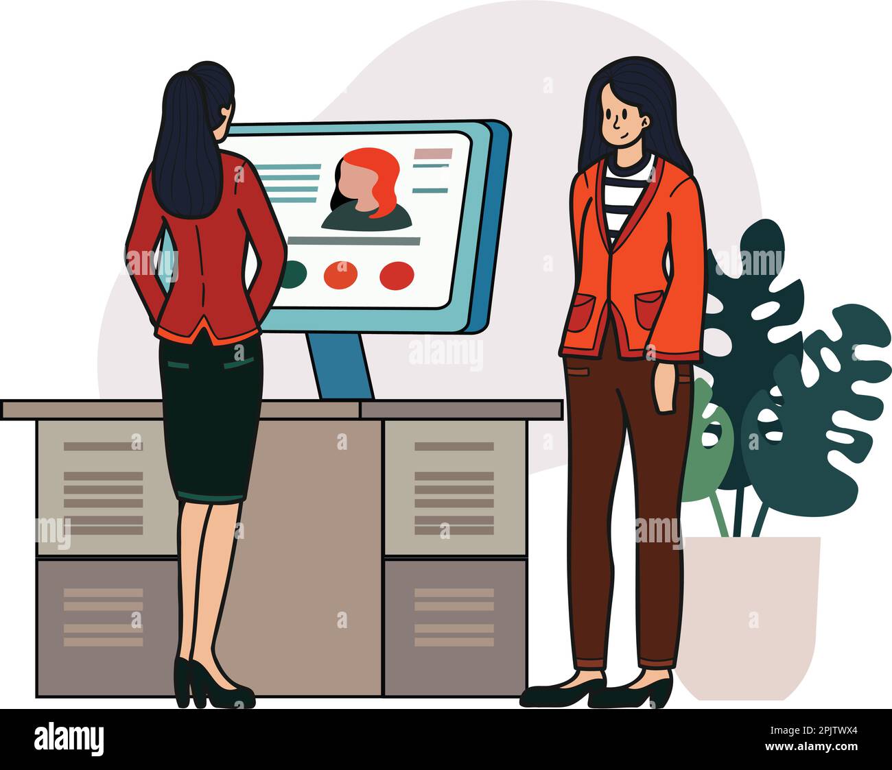female office worker applying for a job illustration in doodle style isolated on background