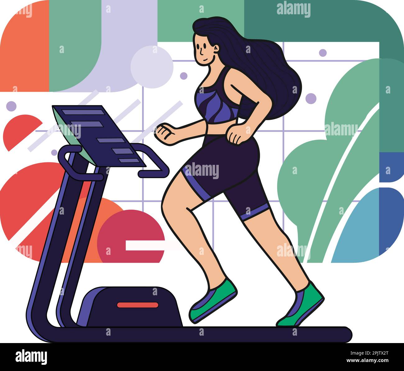 Healthy loving fitness girl running in the gym illustration in doodle