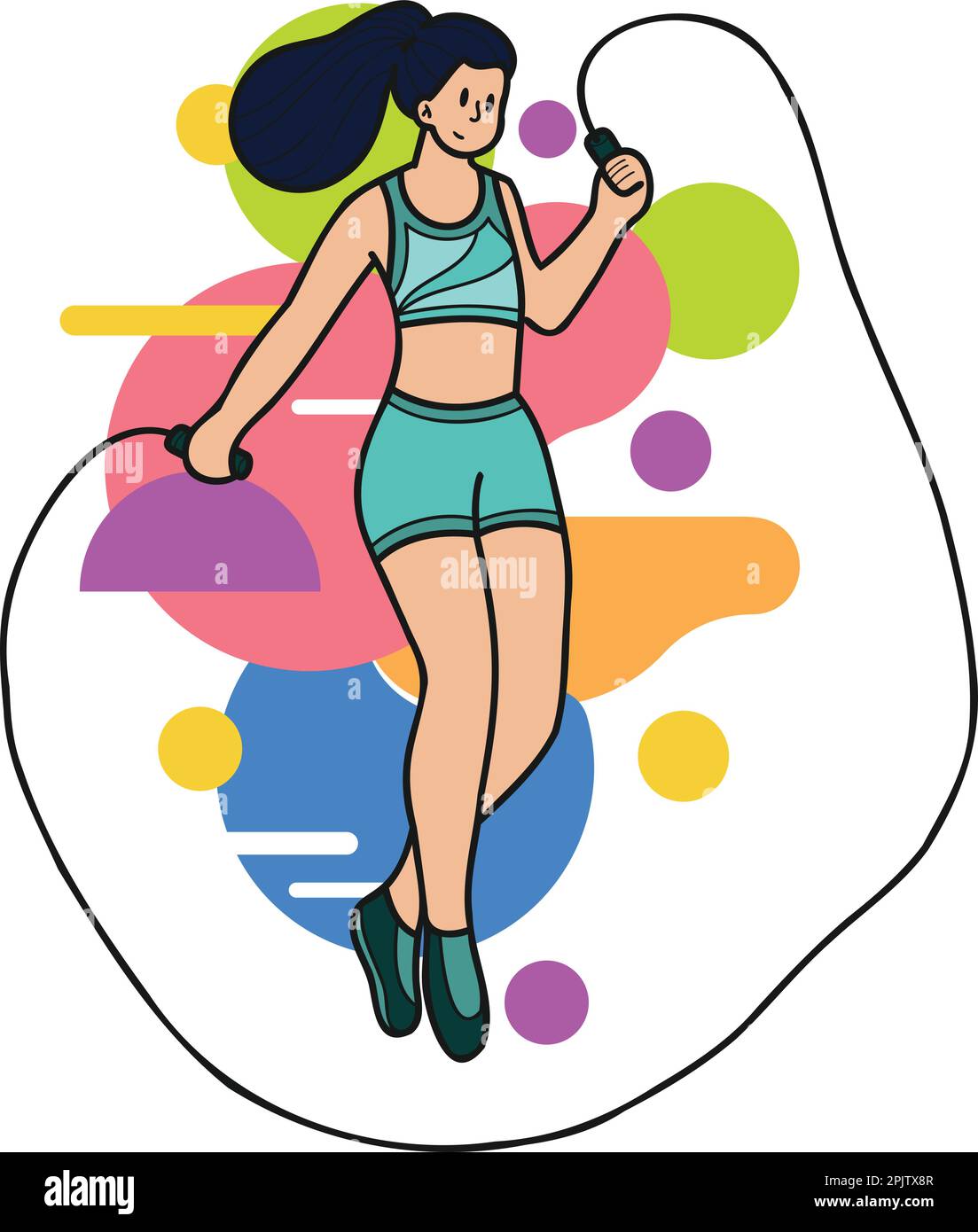 Healthy fitness girl jumping rope illustration in doodle style isolated on background Stock Vector