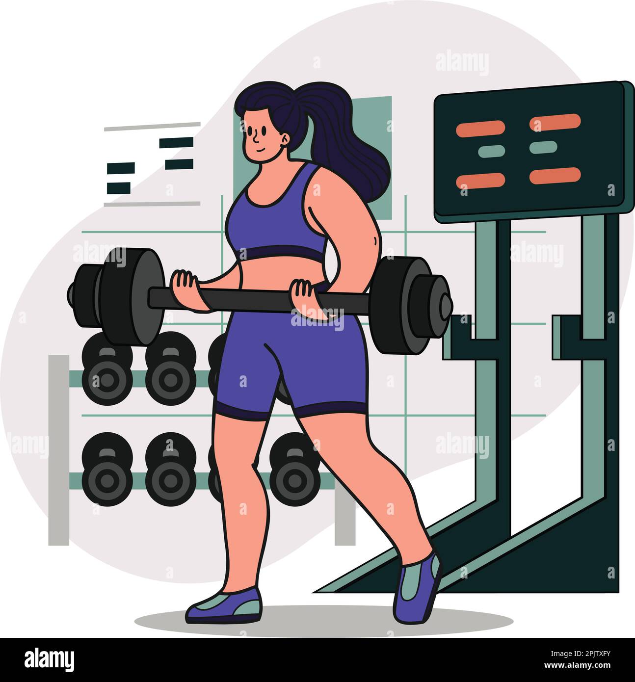 Healthy fitness girl lifting weights in gym illustration in doodle