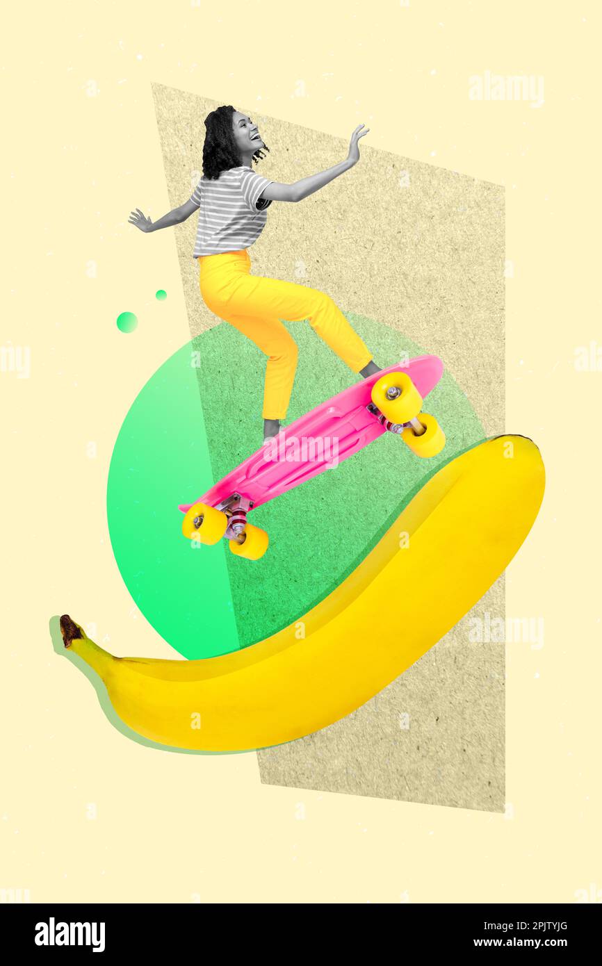 Vertical collage image of mini excited black white gamma girl ride fly ...