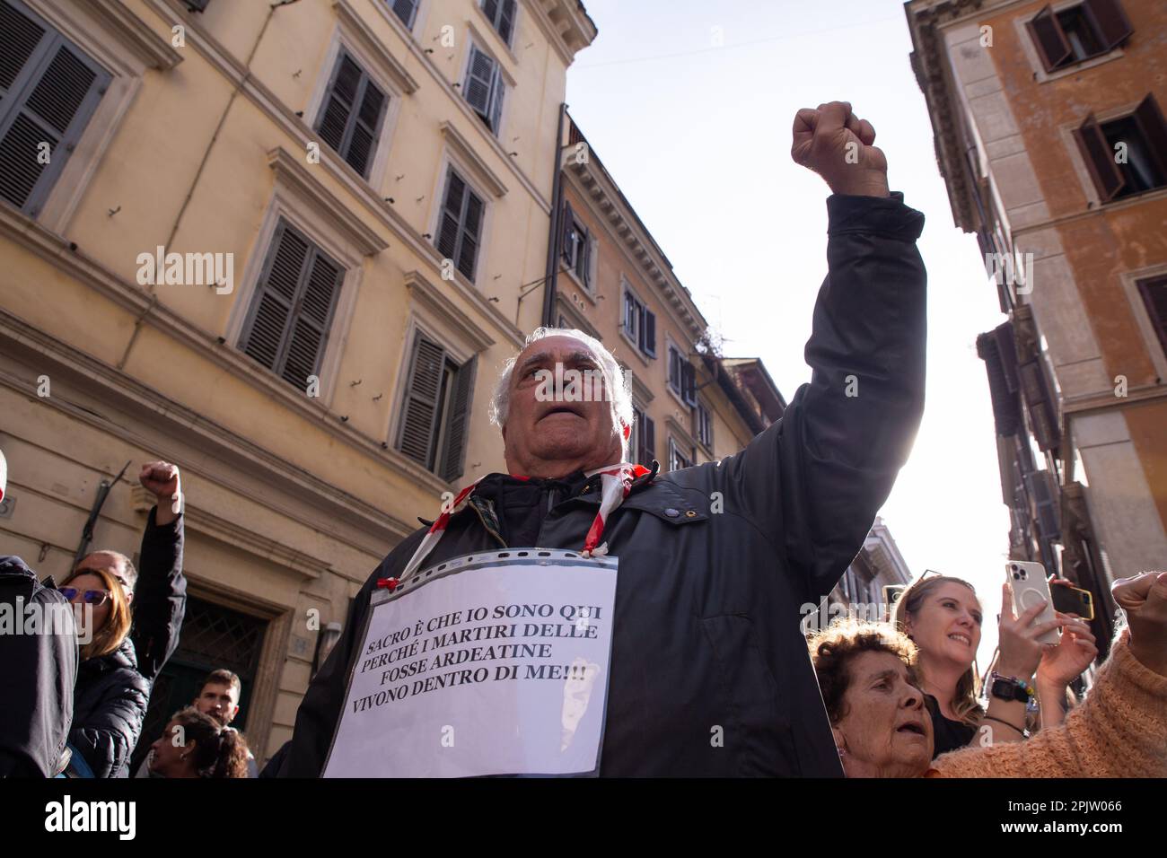 Rome, Italy. 3rd Apr, 2023. A man with his left fist raised sings the song ''Bella Ciao'' during the flashmob to ask for the resignation of Ignazio La Russa (Credit Image: © Matteo Nardone/Pacific Press via ZUMA Press Wire) EDITORIAL USAGE ONLY! Not for Commercial USAGE! Stock Photo