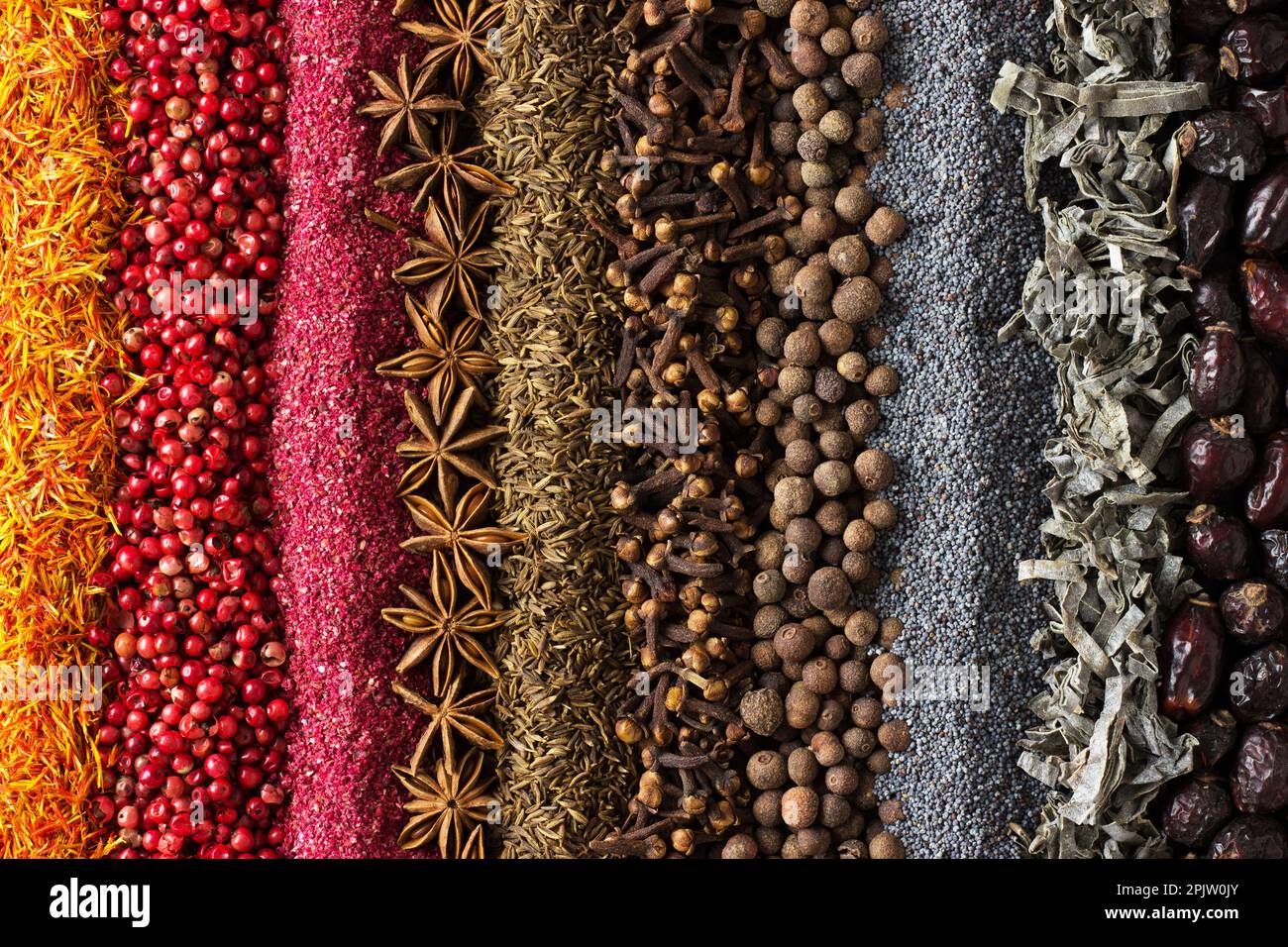 Spices and herbs background for website design. Seasonings scattered on