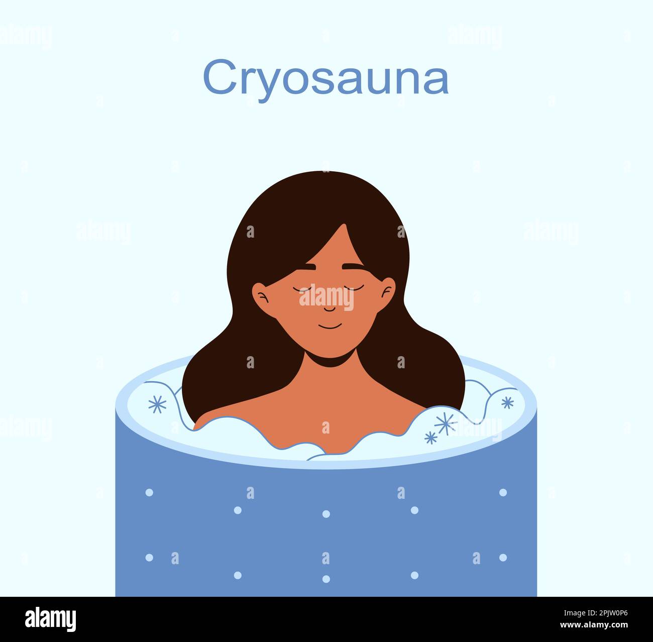 Peaceful woman in a cryosauna ice therapy vector illustration for benign and malignant lesions. Whole body cryotherapy. Painless freeze therapy for improved health. Stock Vector