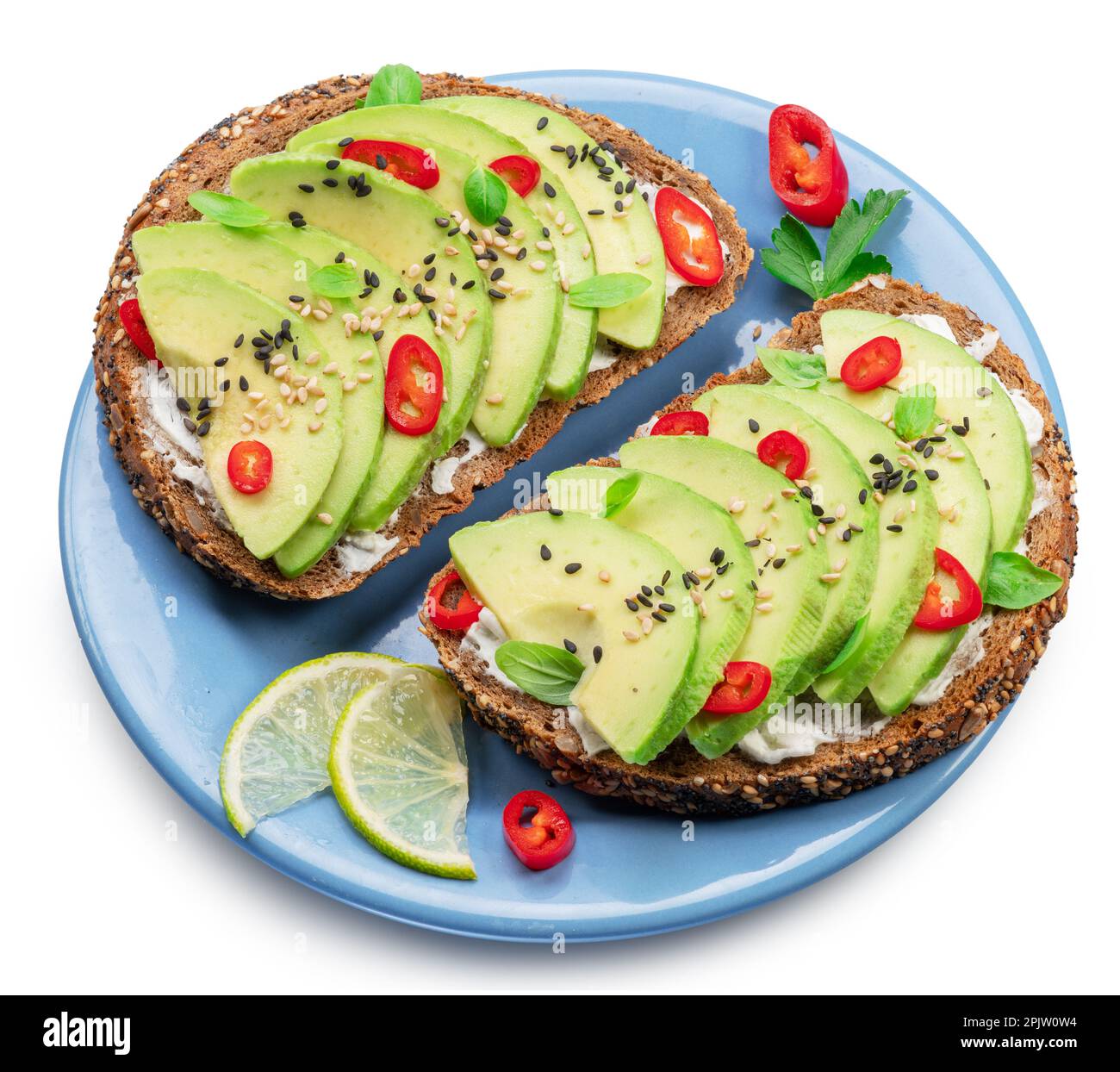 Avocado Toasts Bread With Avocado Slices Pieces Of Chilli Pepper And Black Sesame Isolated On