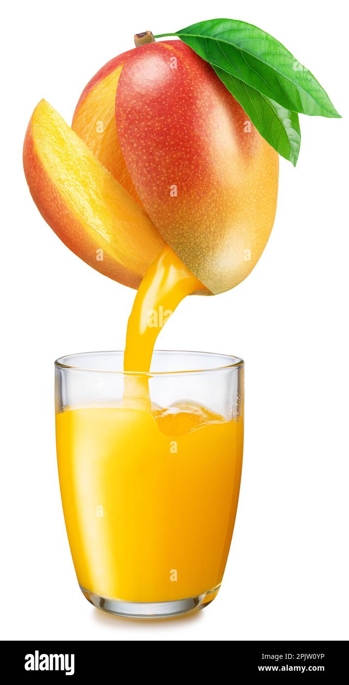 Mango juice glass and fresh juice pouring from mango fruit into the