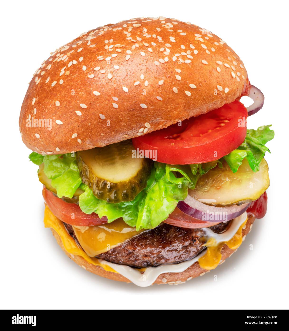 Appetizing cheeseburger or hamburger close up on white background.  Clipping path. Stock Photo