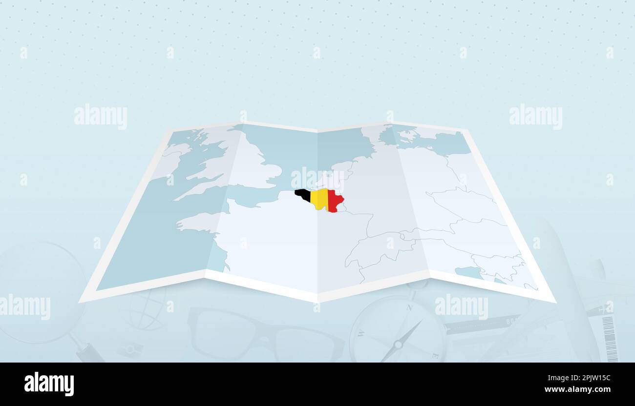 Map of Belgium with the flag of Belgium in the contour of the map on a trip abstract backdrop. Travel illustration. Stock Vector