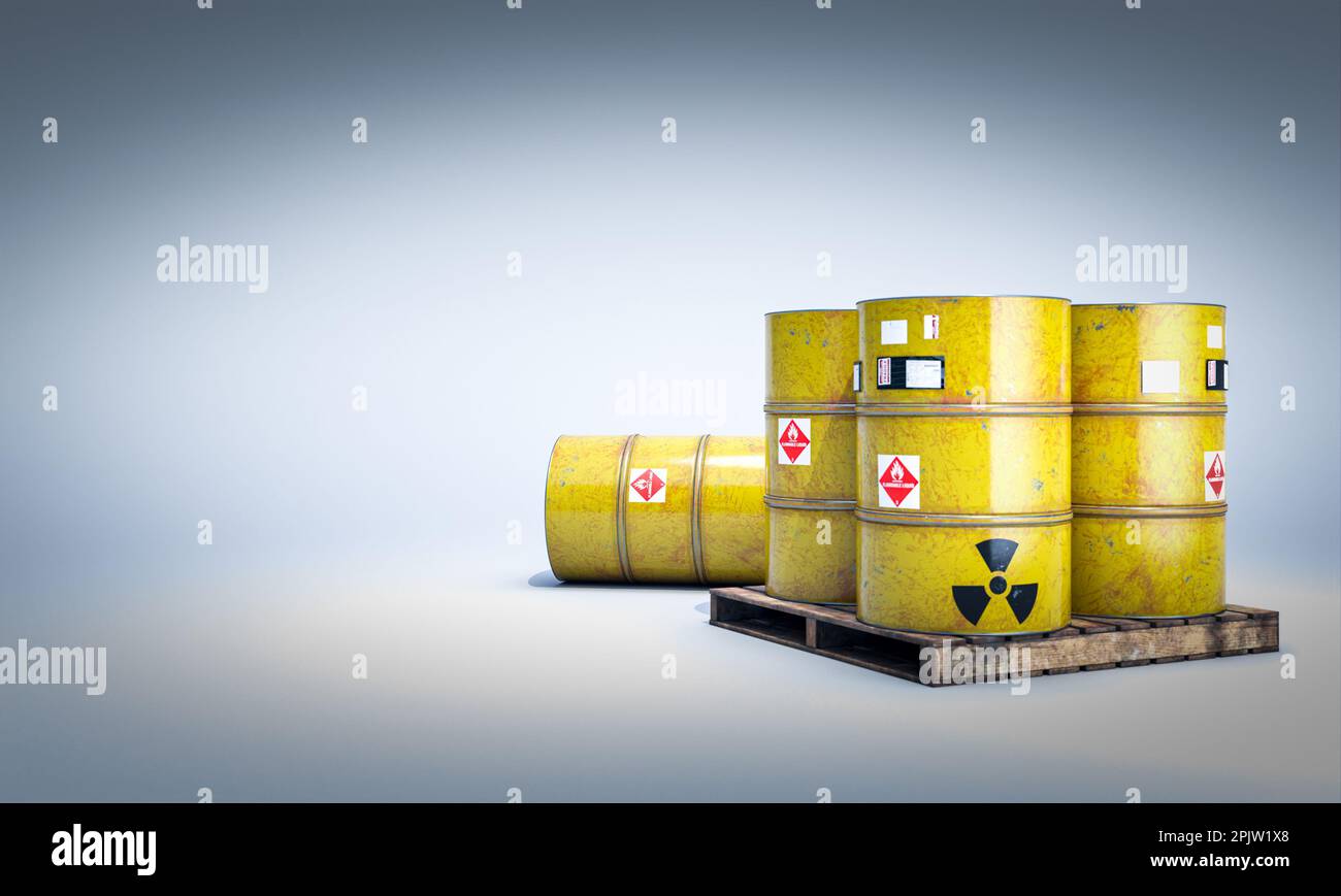 3d render yellow radioactive barrels on pallets Stock Photo