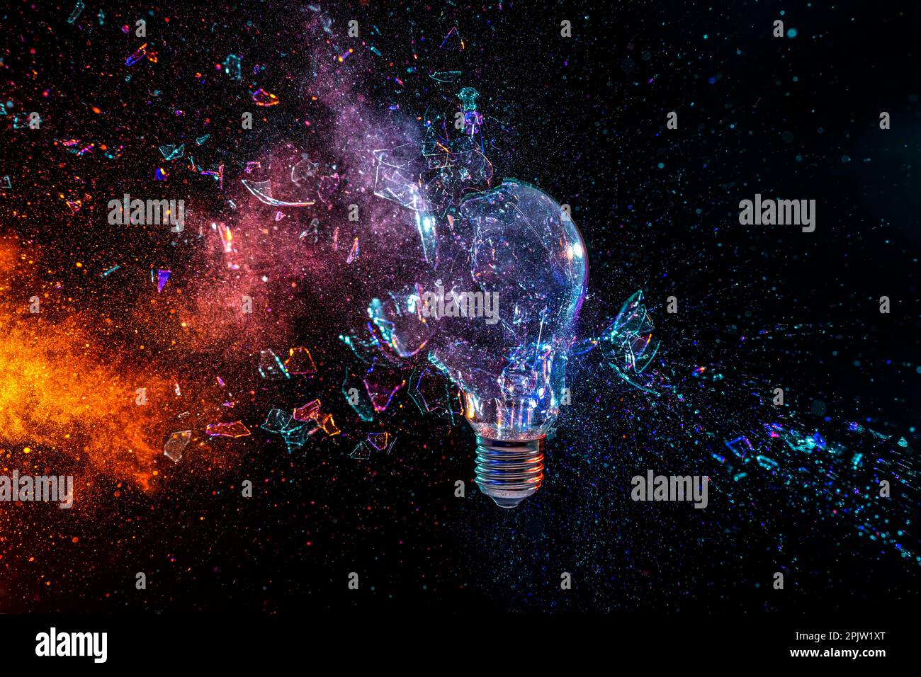 explosion of a glass bulb on a black background Stock Photo