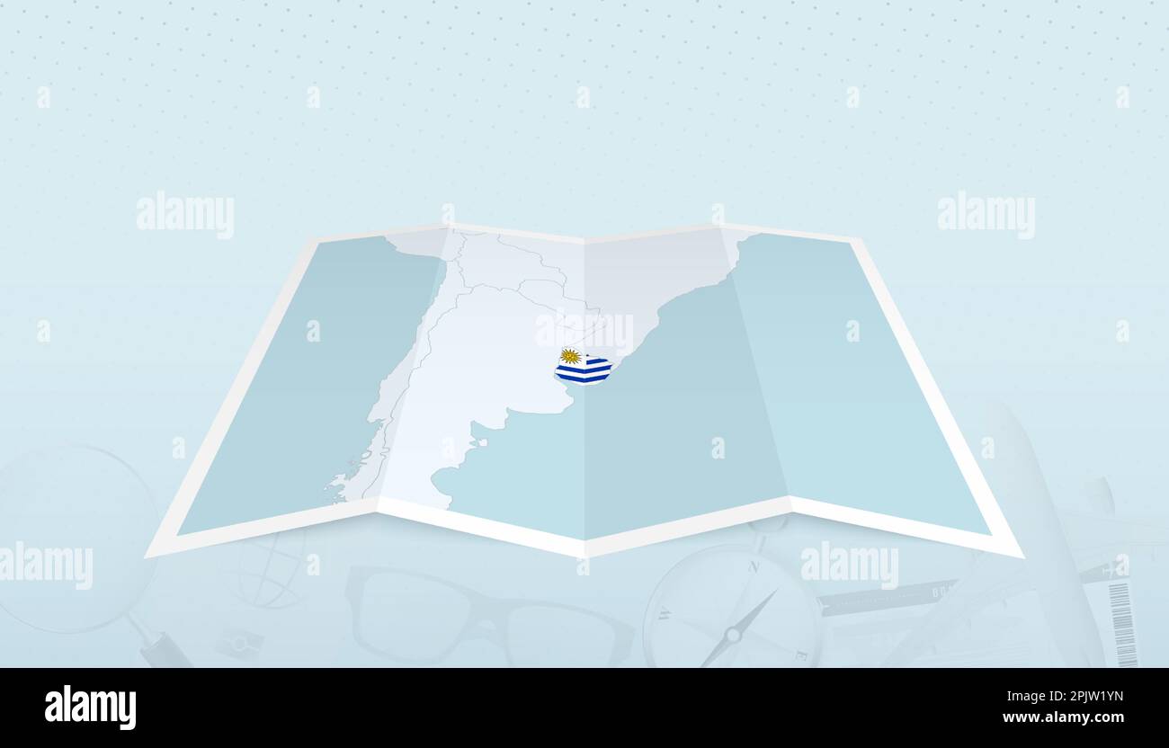 Map of Uruguay with the flag of Uruguay in the contour of the map on a trip abstract backdrop. Travel illustration. Stock Vector