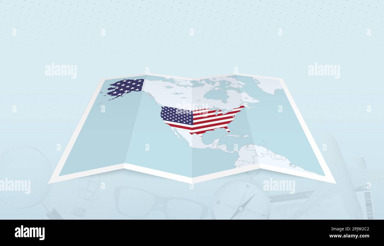 Map of USA with the flag of USA in the contour of the map on a trip ...