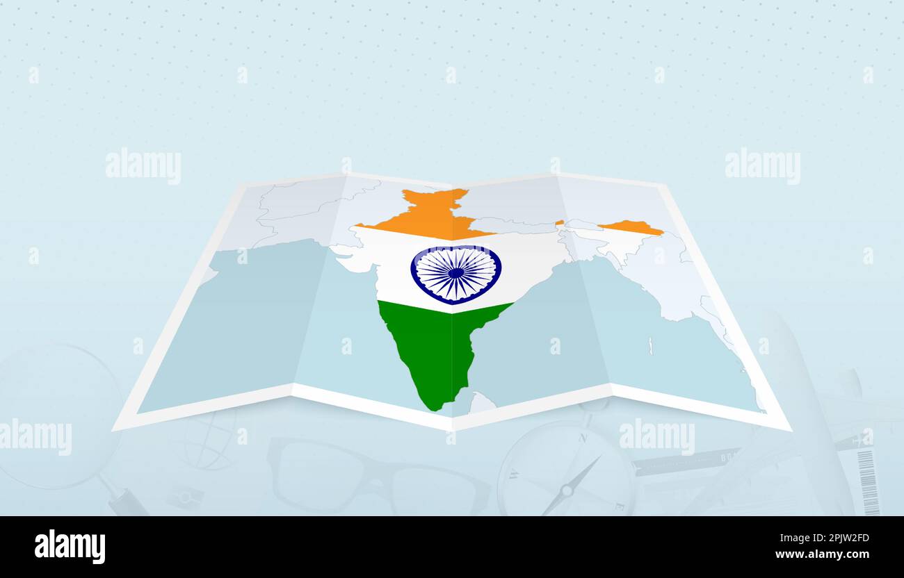 Map of India with the flag of India in the contour of the map on a trip abstract backdrop. Travel illustration. Stock Vector