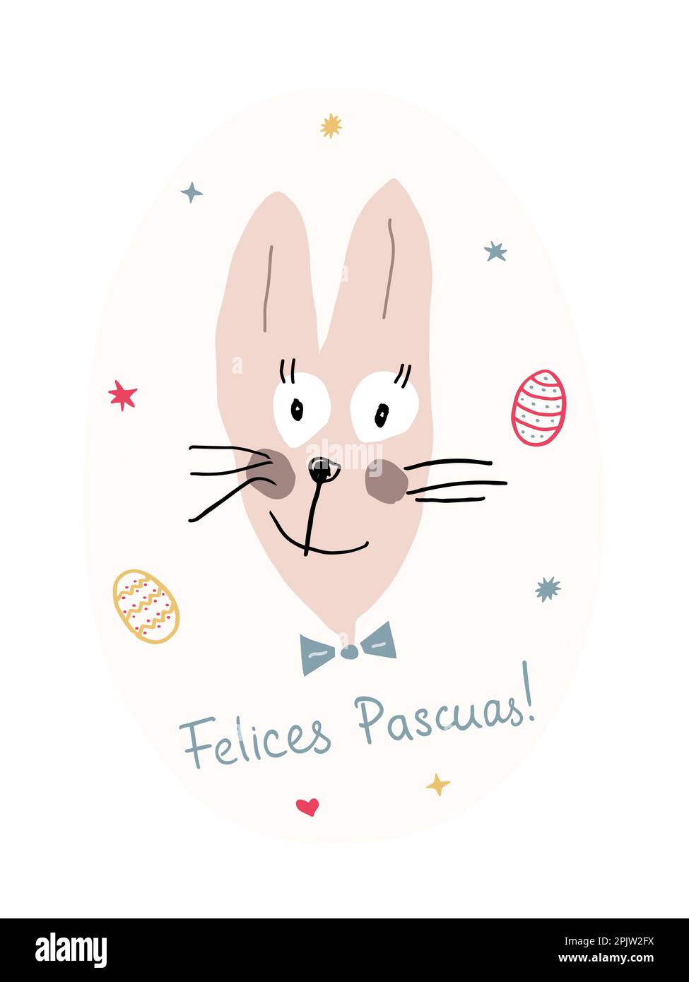 Cute funny Easter Bunny with writing in Spanish Felices Pascuas which means Happy Easter. Painted easter eggs and stars around. Greeting card. Cartoon Stock Vector