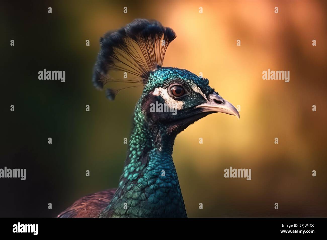 Beautiful closeup of a male Peacock with amazing plumage and iridescent ...