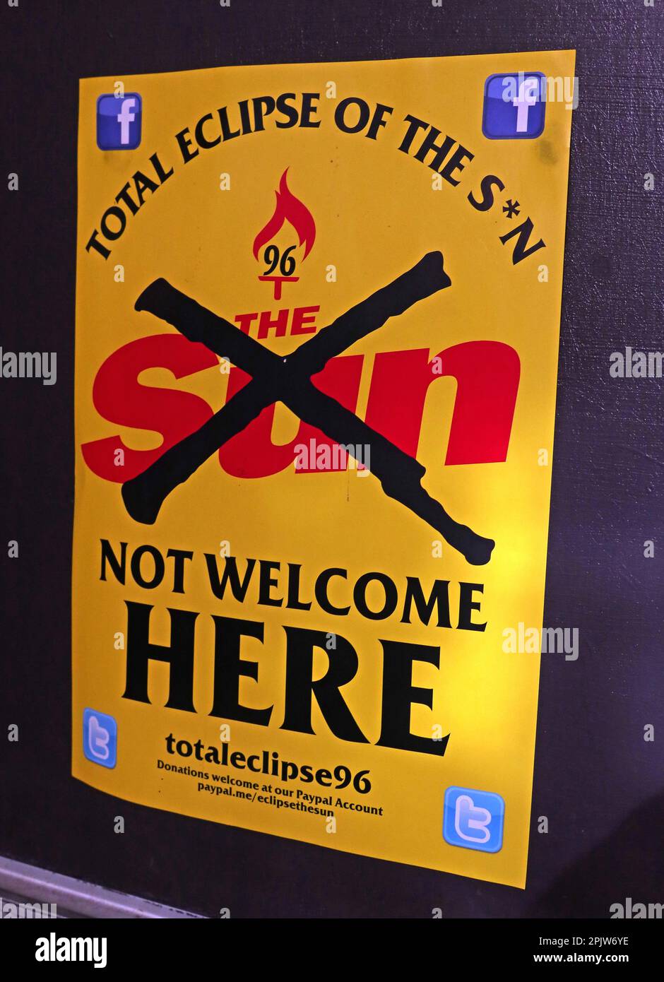 The Sun newspaper, News Group Newspapers, not welcome in Liverpool or Merseyside after 1989 Hillsborough disaster lies and insults Stock Photo