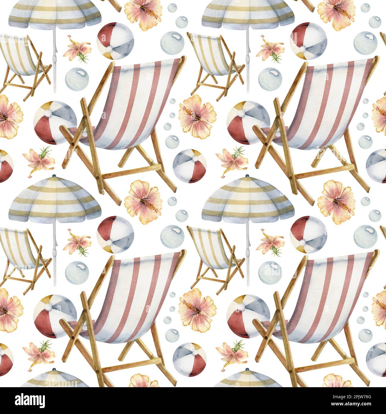 Hand drawn watercolor beach chair and umbrella, hibiscus flowers ...