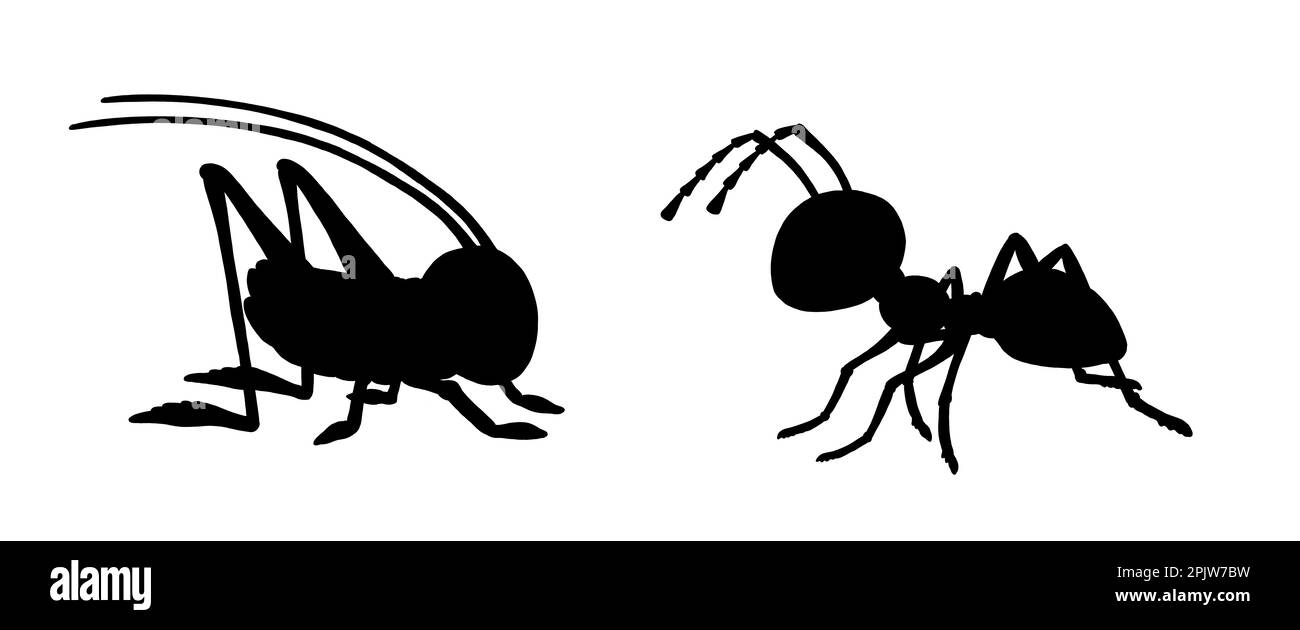 Black silhouette of grasshopper and ant. Template with funny ants. Template for children to cut out. Stock Photo