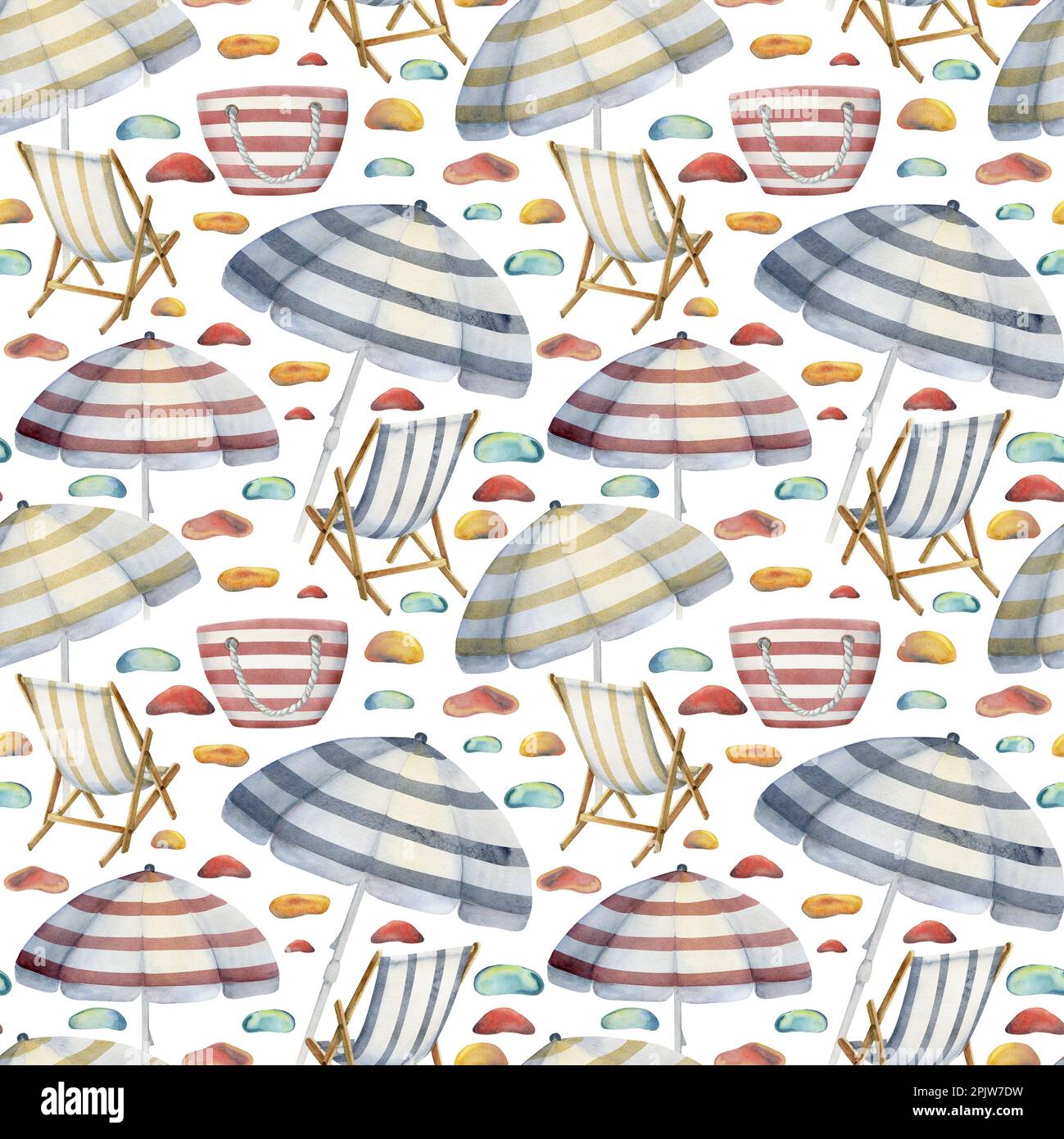 Hand drawn watercolor beach striped chairs bags and umbrellas Seamless ...