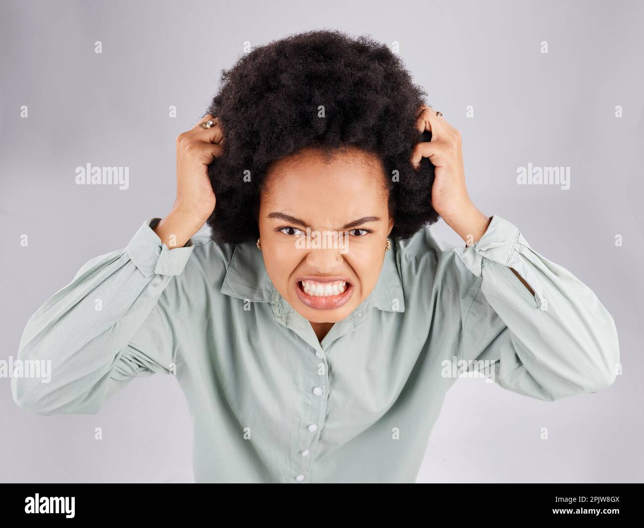 Angry, frustrated and woman portrait with hair pull with stress and burnout. Mental health, face and anger problem from female with anxiety and Stock Photo