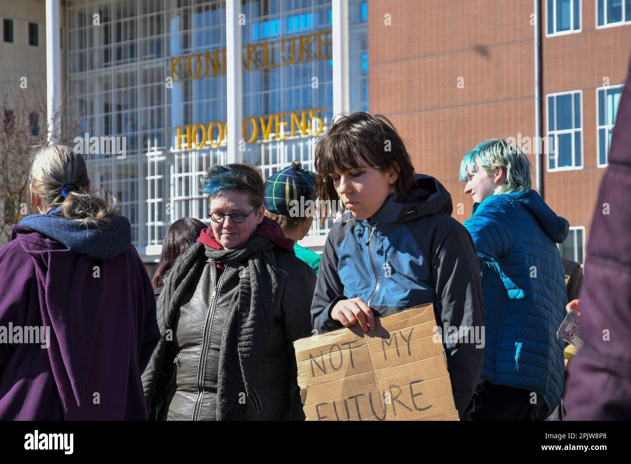 Velsen Noord/IJmuiden,The Netherlands. 03 Apr 2023.  Climate activists organized a 'die-inn' and a blockade at the entrance of steel manufacturer Tata steel to protest pollution and the usage of coal. Stock Photo