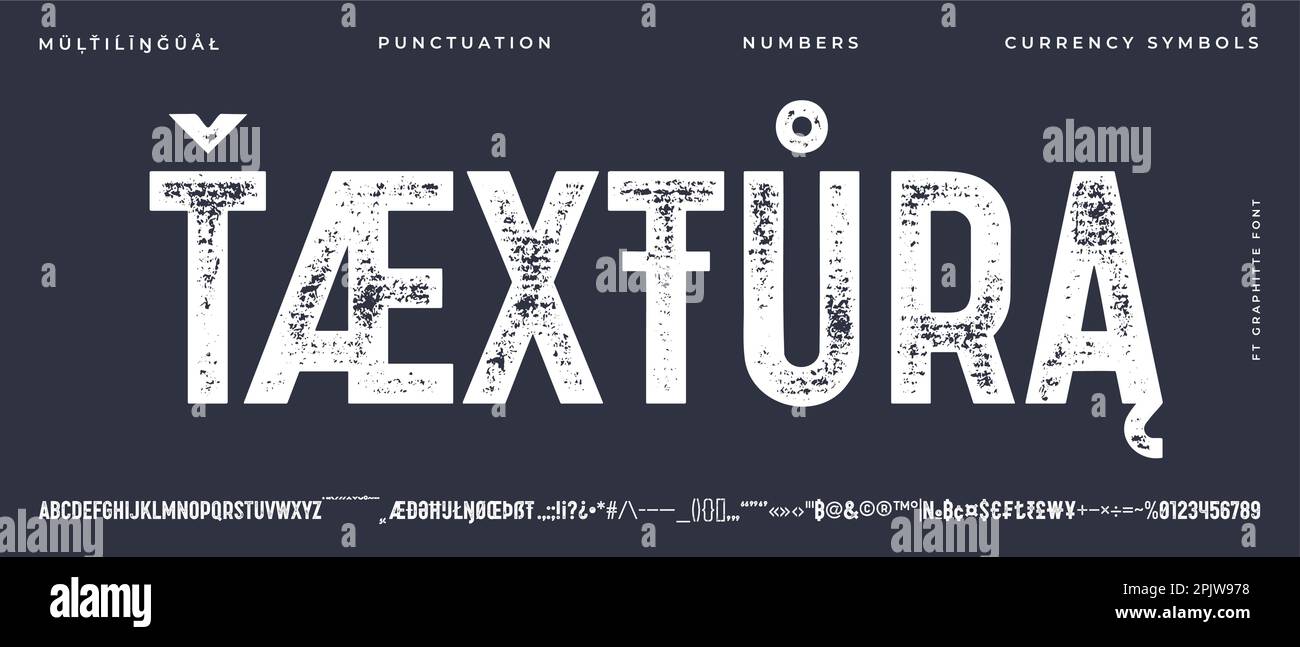 Headline alphabet and font. Bold aged, rough fat uppercase letters with grunge texture. Creative hand-drawn textured font, design, typographic, poster. Grunge scratches alphabet. Vector Illustration Stock Vector