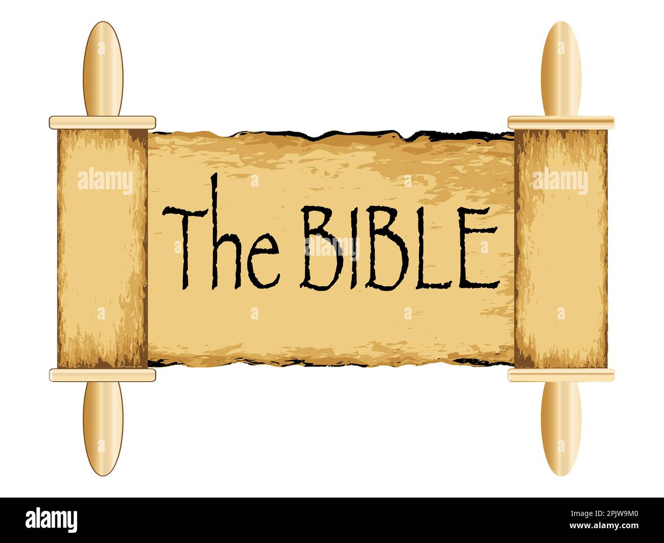 An ancient religious parchment scroll with wooden handles and the text