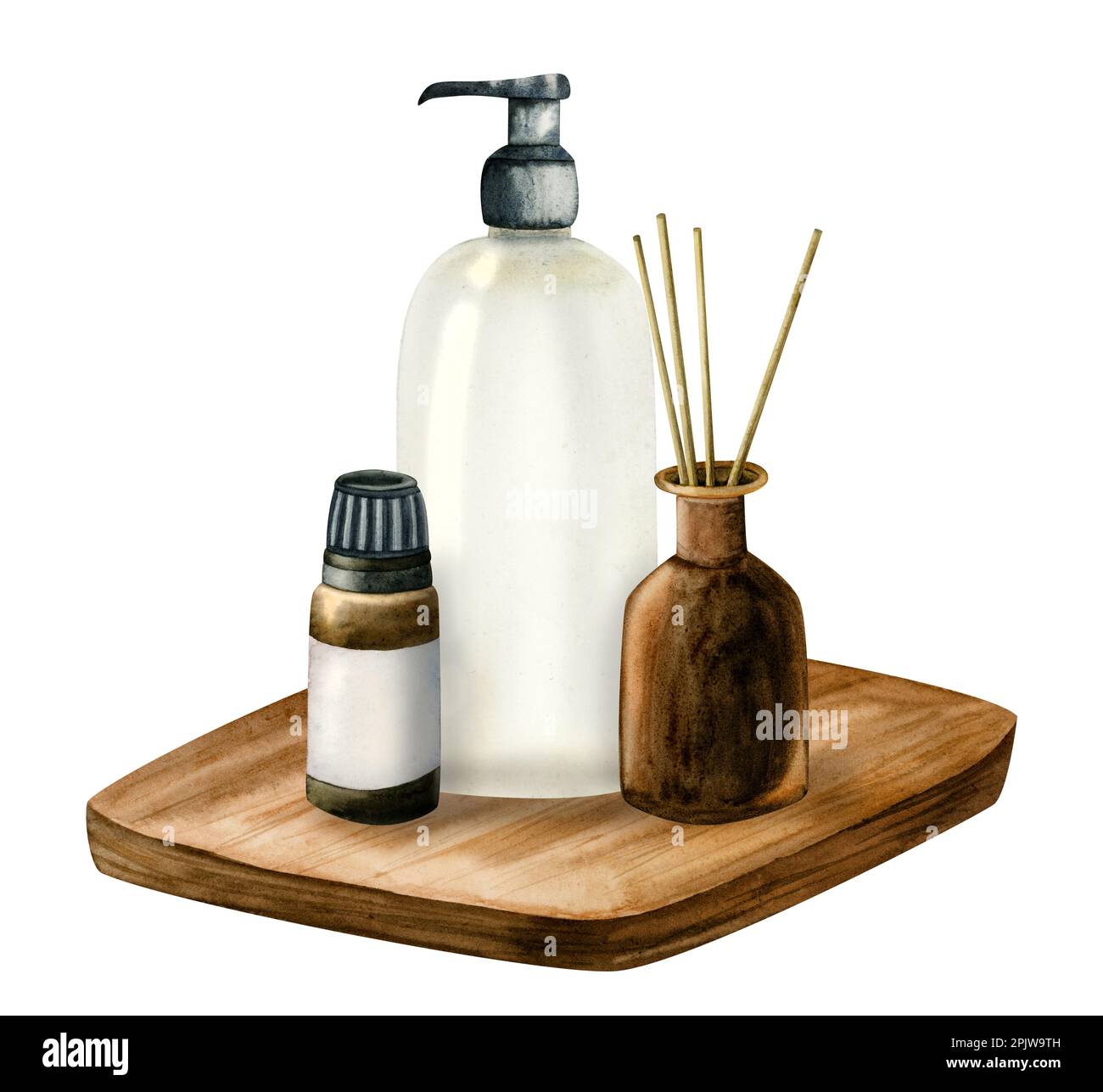 Watercolor aroma diffuser glass bottle, essential oil, shower gel dispenser isolated on wooden desk on white background. For spa salons, aromatherapy, Stock Photo