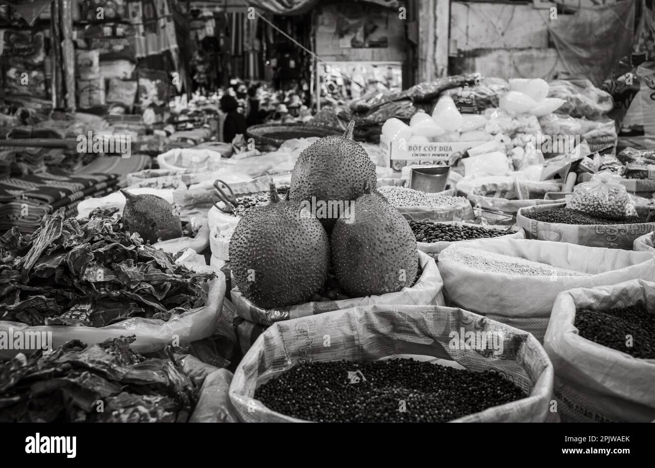 Dried beans, spices and oter goods for sale at a stall in the central