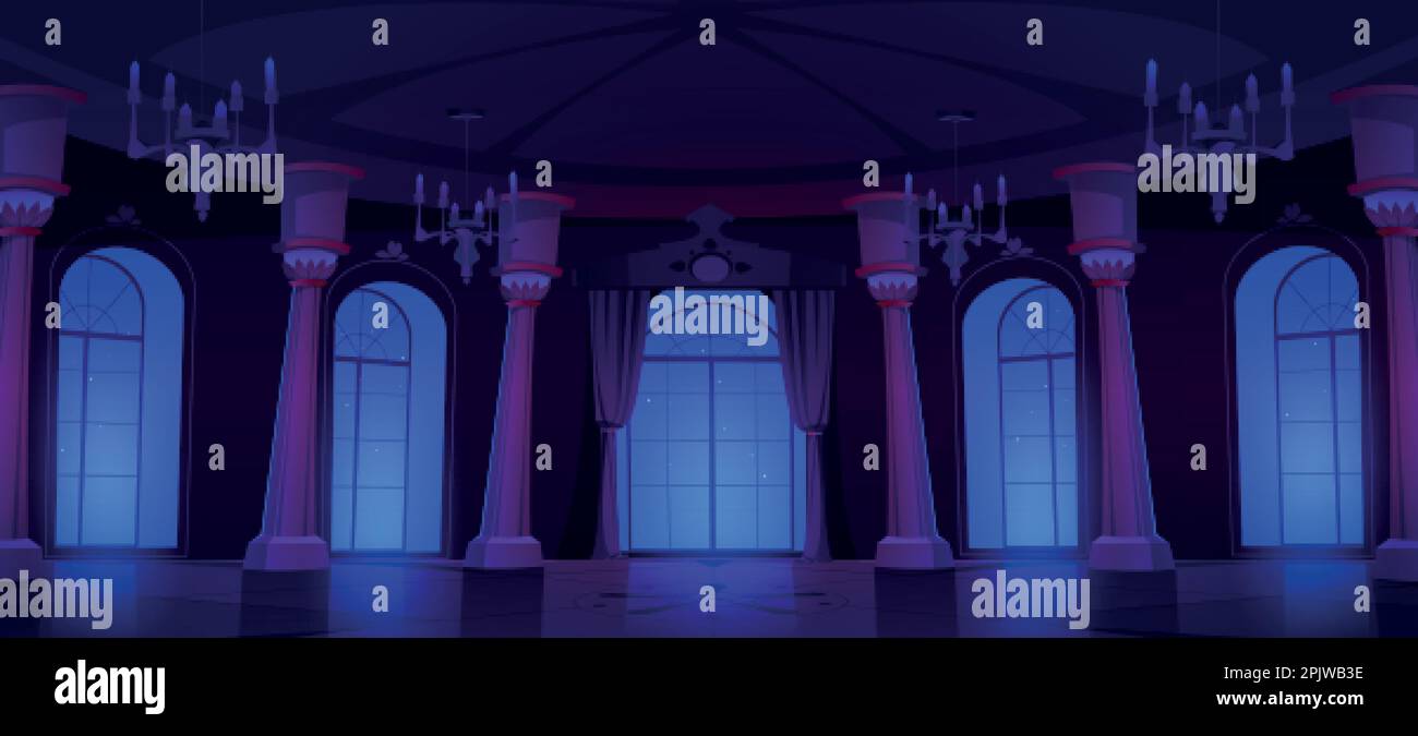 Night ballroom interior design. Vector illustration of dark royal palace with large windows, many stars on midnight sky, sophisticated floor, marble p Stock Vector