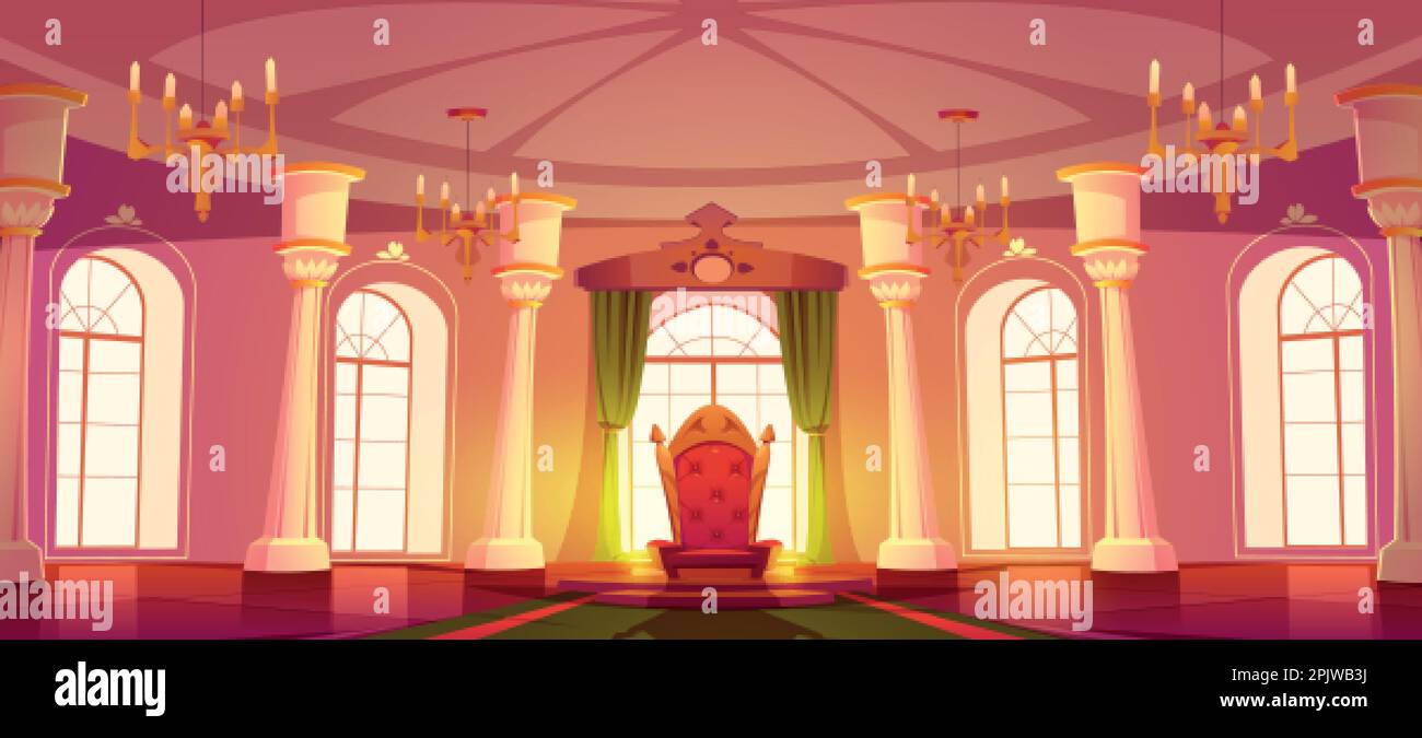 Cartoon throne room interior. Vector illustration of royal palace ballroom with large windows, green curtains, sophisticated chair of medieval king, c Stock Vector