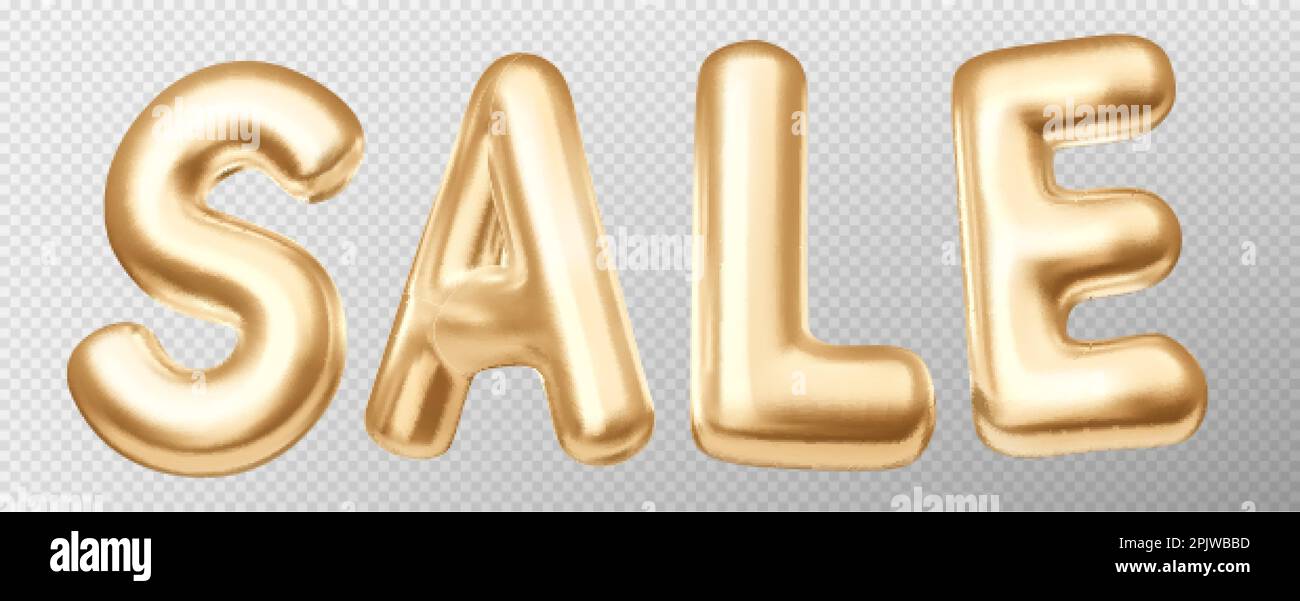 3d gold sale shop vector on transparent background. Balloon letter